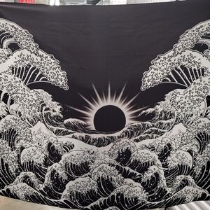 Large Wrap Scarf or Wall Decor Japanese Waves and Sunset Design